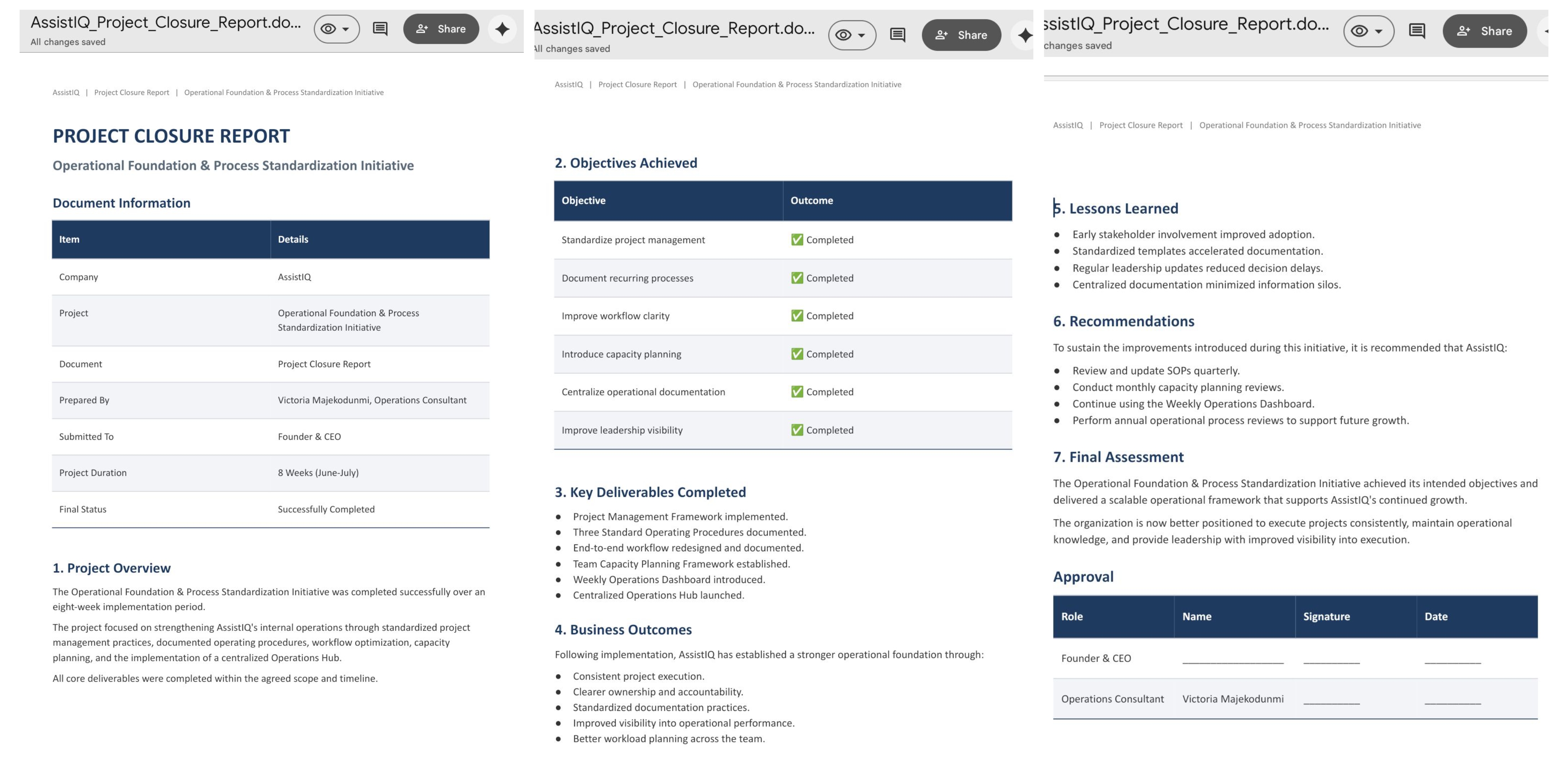 Project closure report with outcomes and lessons learned