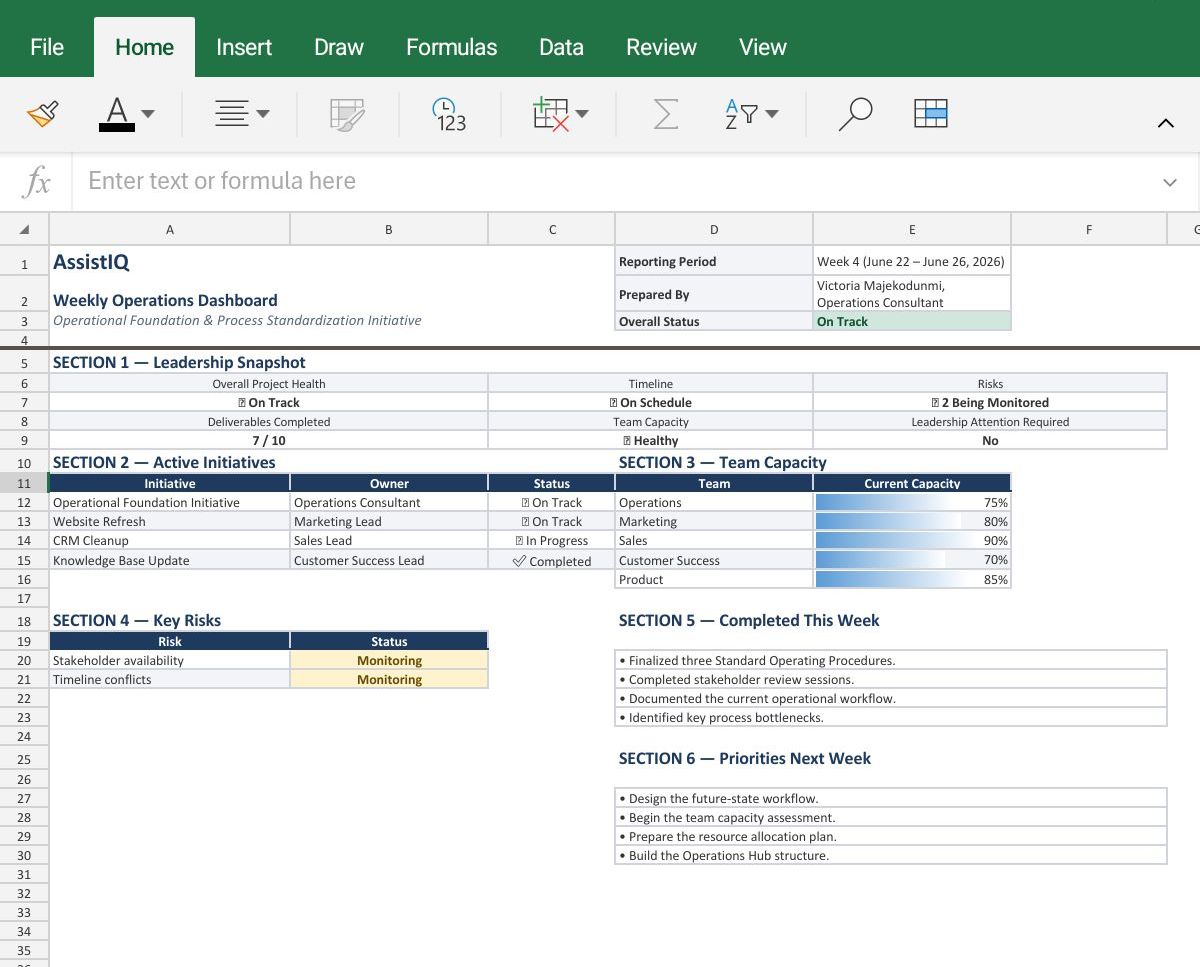 Operations dashboard with progress, capacity and risks